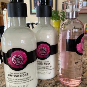 THE BODY SHOP British Rose Instant Glow Body Essence 8.4 oz (2 new) + EDT Spray